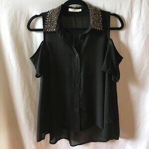 Tobi Top M Sheer Cold Shoulder Distress Beaded Gemstone Collar Button Down Black